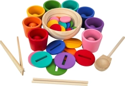 Dřevěná montessori sada – duhové kuličky, mince a kalíšky (8 barev)