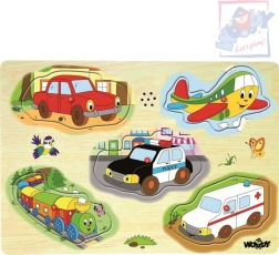 Woody dřevěné zvukové puzzle dopravní prostředky 5 dílků