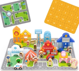 Dřevěná stavebnice město Viga s puzzlovou podložkou a figurkami