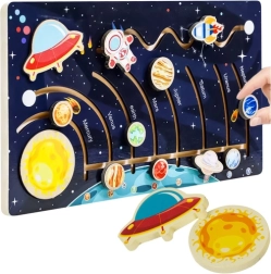 Kruzzel dřevěná montessori skládačka sluneční soustava – labyrint planet a raketa