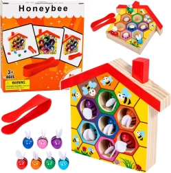 Dřevěný montessori úl s včelkami a pinzetou (7 ks)