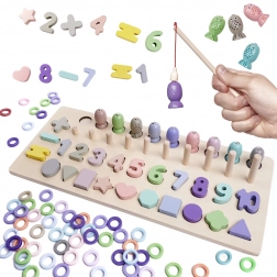 Dřevěná vzdělávací hra 2 v 1: sorter tvarů, počítadlo a magnetické rybičky