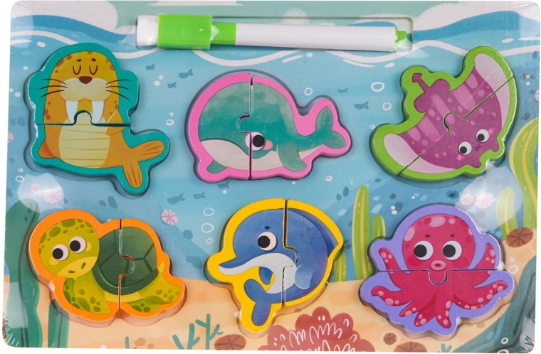 Dřevěná tabule s oboustranným povrchem a zvířecími puzzle – Ocean