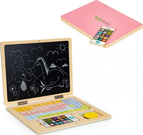 Dřevěný magnetický vzdělávací laptop s telefonem a písmeny ECO TOYS