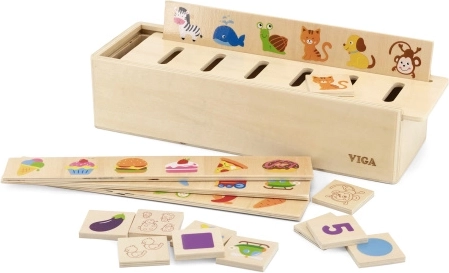 Dřevěný vzdělávací sorter VIGA – zvířátka, ovoce, zelenina a tvary Montessori