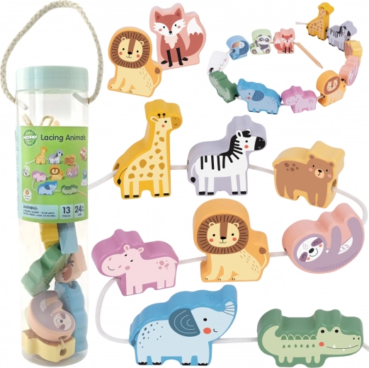 Dřevěná navlékací zvířátka ZOO WOOPIE GREEN, montessori, 13 dílů
