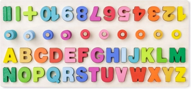 Dřevěná vzdělávací deska s písmeny a čísly + matematické symboly