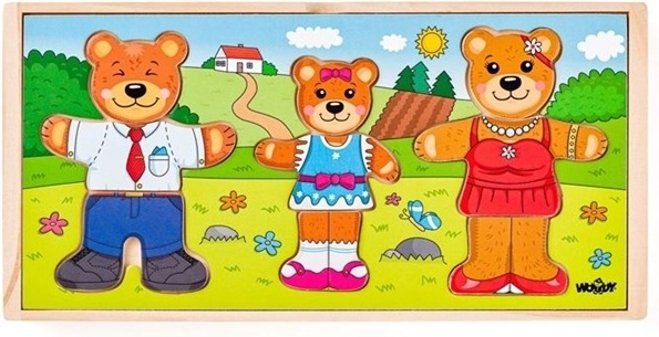 Dřevěná šatní skříň Medvědí rodinka s vkládacími puzzlemi - 54 dílků