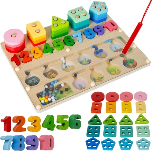 Dřevěný Montessori sorter 3v1 Kruzzel (magnetický labyrint, tvary a čísla) 30 × 22,5 cm
