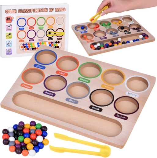 Dřevěná edukační mozaika Montessori - barevné kuličky a sorter