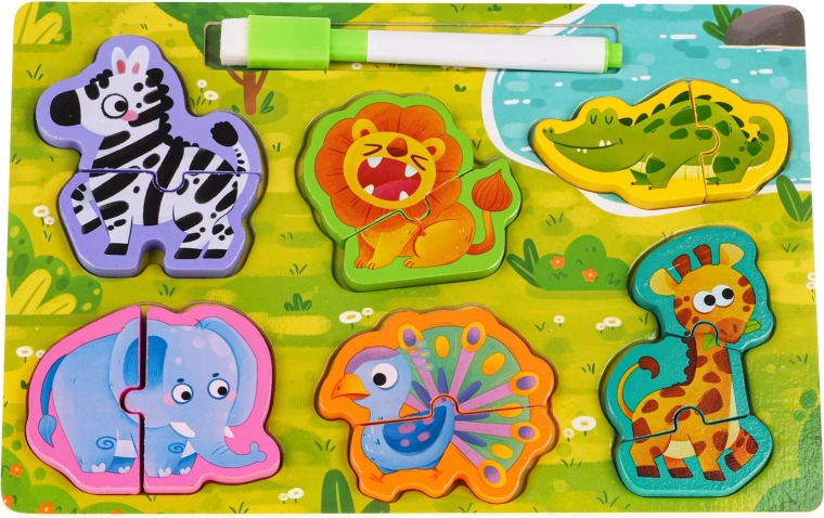 Dřevěná tabule s oboustranným povrchem a zvířecími puzzle – Safari