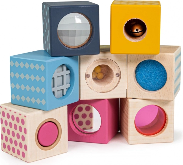 Smyslové kostky BIGJIGS TOYS z FSC dřeva, 8 ks