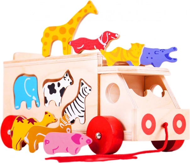 Bigjigs Toys dřevěný tahač se zvířátky a vkládačkou tvarů