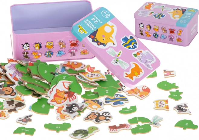 Dřevěné vzdělávací puzzle zvířátek v krabičce