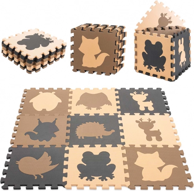 Edukativní pěnová podložka puzzle se zvířátky, béžová, 85 × 85 cm, 9 dílů