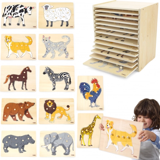Sada dřevěných puzzlí 12 zvířátek Montessori se stojanem Viga