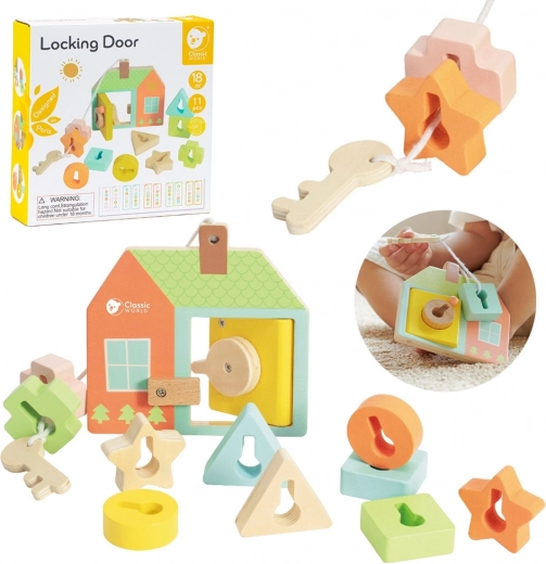 Classic World Montessori dřevěné navlékání klíče a dveře 11 ks