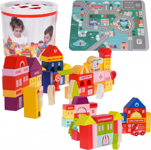 Dřevěné Kostičky Město pro Děti 3+ Puzzle Podložka a Tvarový Třídič