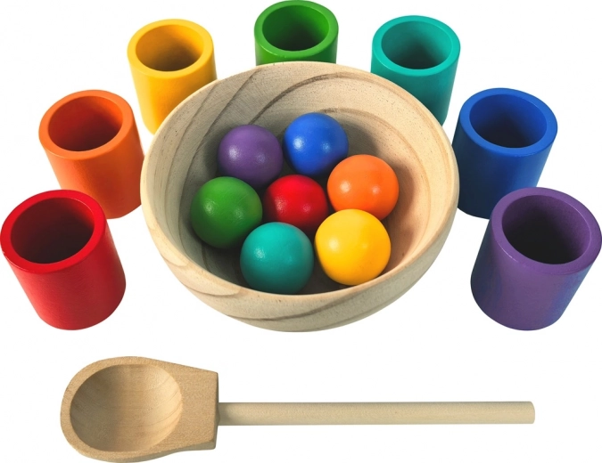 Duhové kuličky a kalíšky Montessori ze dřeva, 7 barev