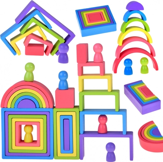 Dřevěná Montessori skládanka – barevné geometrické tvary a figurky