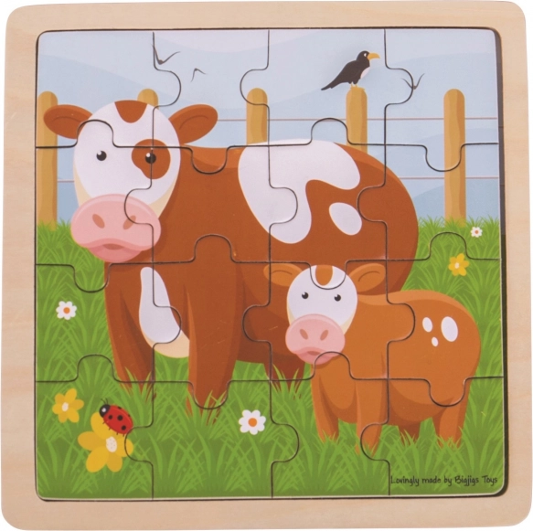 Bigjigs Toys dřevěné puzzle kravička s telátkem – 16 dílků