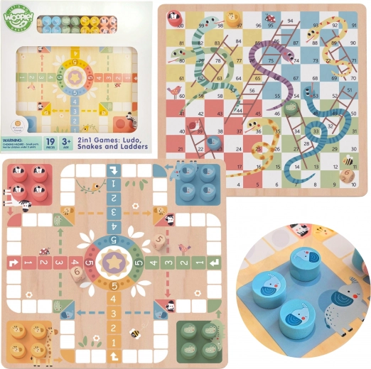 WOOPIE GREEN dřevěná desková hra 2v1 Ludo (Člověče) + Hadi a žebříky