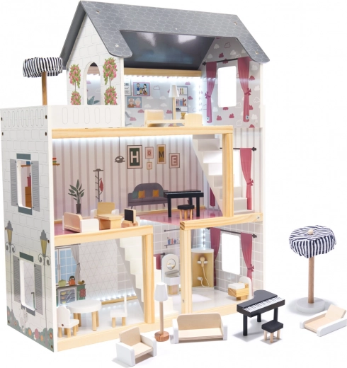 Dřevěný domeček pro panenky z MDF, černý, 78 cm s LED osvětlením