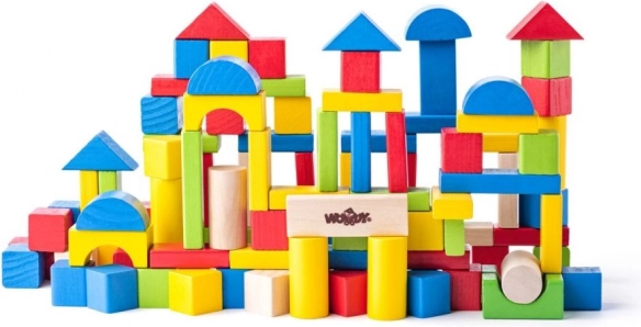Woody dřevěné barevné kostky v kyblíku 100 dílků 2v1