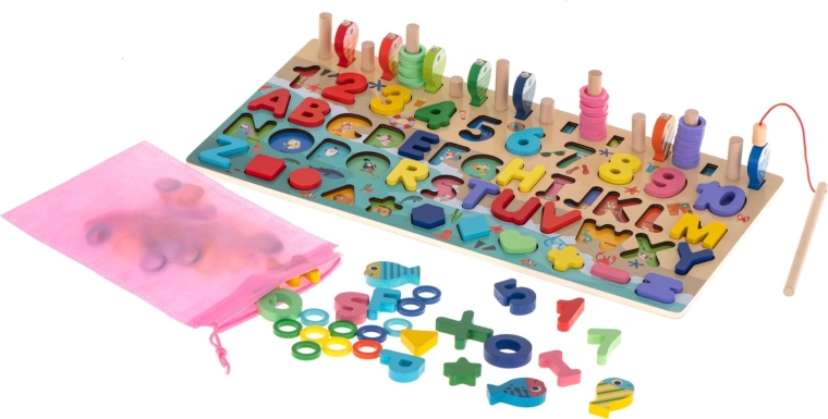 Dřevěná vzdělávací hra 3v1: sorter, počítadlo a magnetické chytání rybiček