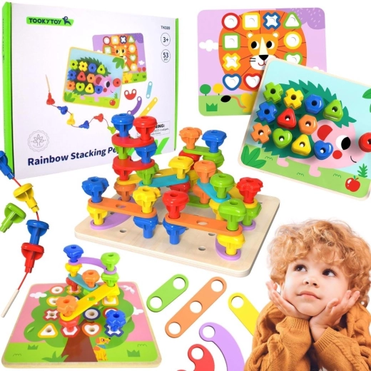 TOOKY TOY Montessori multifunkční motorická deska s barevnými šrouby