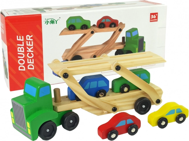 Dřevěná zelená odtahová souprava s autíčky