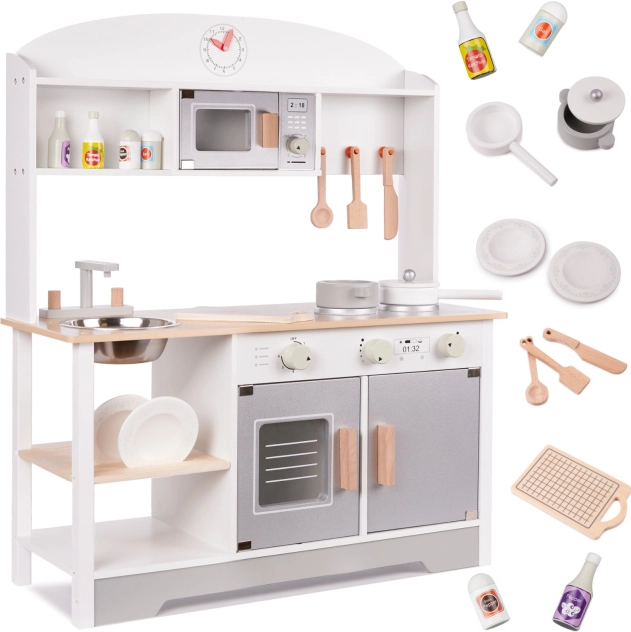 Dřevěná dětská kuchyňka MDF se sušákem na nádobí, šedá, 82 cm