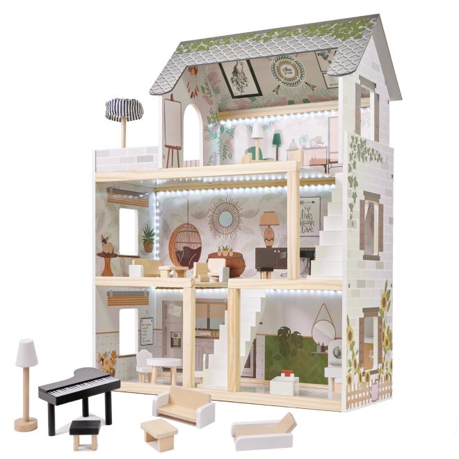 Boho dřevěný domeček pro panenky s nábytkem a LED osvětlením - 62 cm