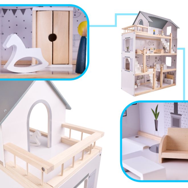 Světlý dřevěný domeček pro panenky s nábytkem - 80cm