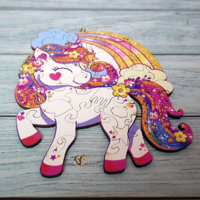 Dřevěné puzzle Jednorožec s duhou