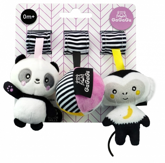 Závěsné kontrastní plyšová hračka - opice, panda, míč