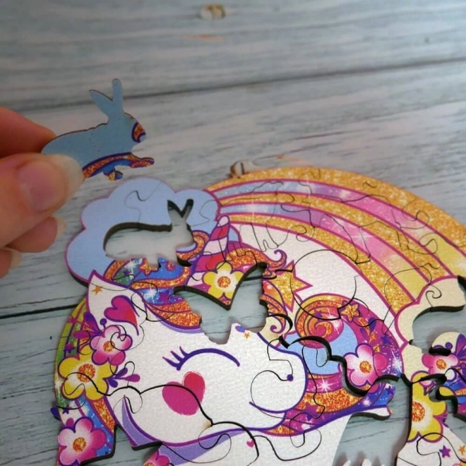 Dřevěné puzzle Jednorožec s duhou