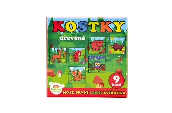 Kostky kubus dřevěné Moje první zvířátka lesní dřevo 9x9x3cm 9ks v krab.11x11x6cm od 12 měsíců MPZ