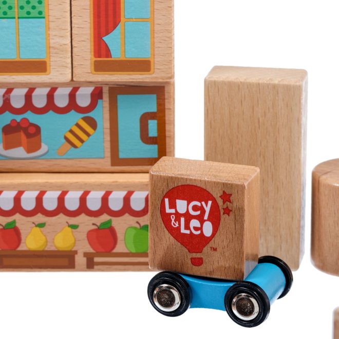 Lucy & Leo Město - sada dřevěných kostek se dvěma autíčky - 25 dílů
