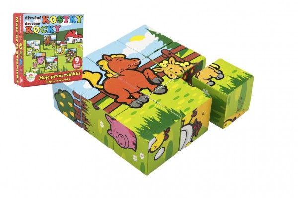 Kostky kubus Moje první zvířátka dřevo 9x9x3cm 9ks v krabičce 11x11x6cm 12m+ MPZ