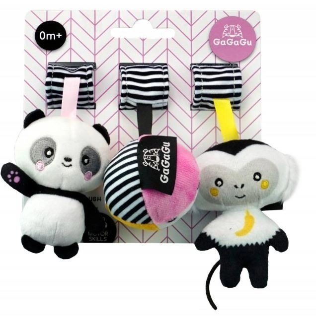 Závěsné kontrastní plyšová hračka - opice, panda, míč