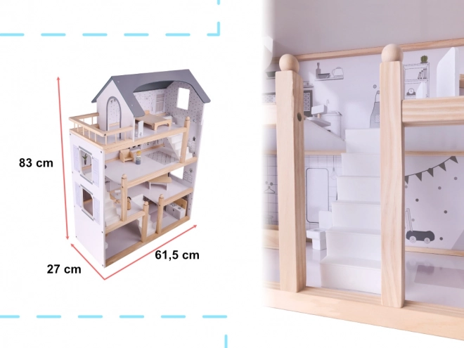 Světlý dřevěný domeček pro panenky s nábytkem - 80cm