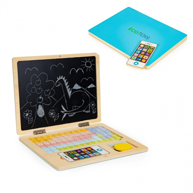 ECOTOYS Dřevěný notebook s magnetickým monitorem - modrý