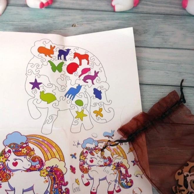 Dřevěné puzzle Jednorožec s duhou